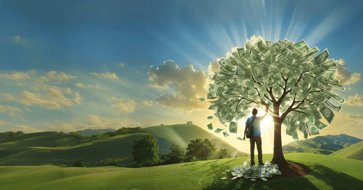 Homepage Man reaching up to a tree growing money