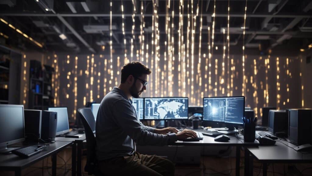 A man working at a computer in a dark room.