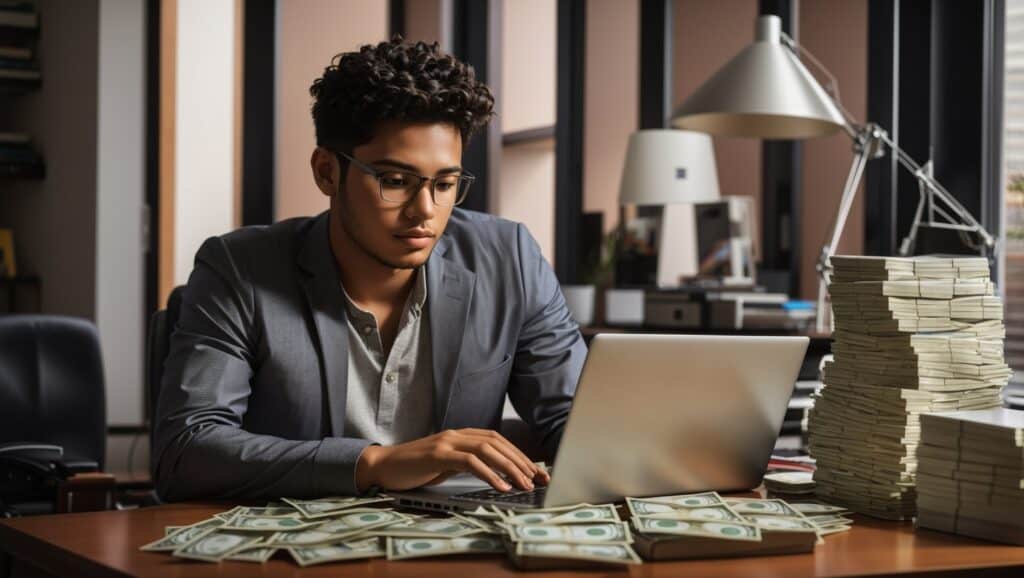 A man working on a laptop in front of piles of money.