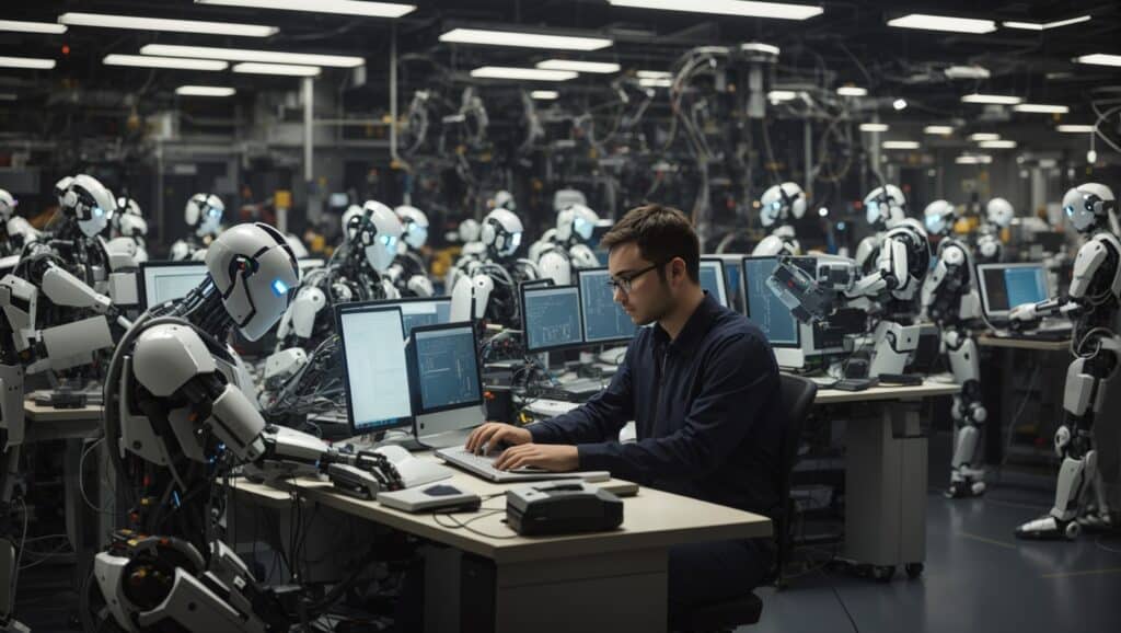 Robots in a factory with a man working on a computer.