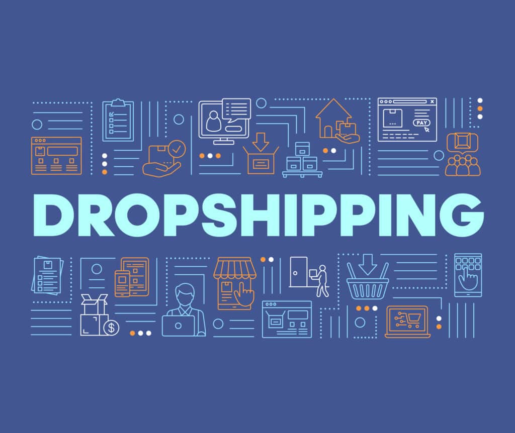 A blue background with the word dropshipping stores.