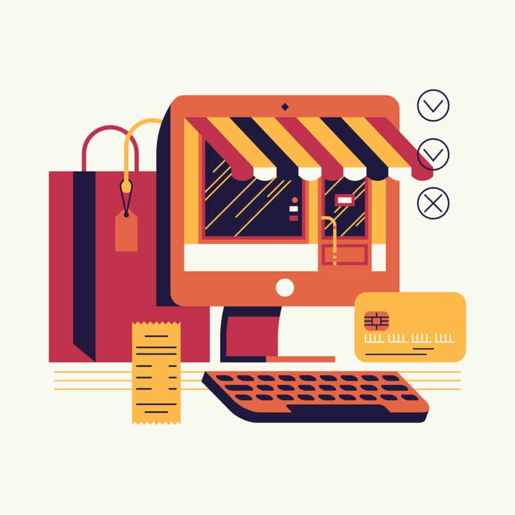 An illustration of a computer with a shopping bag and a credit card, representing simple ecommerce.