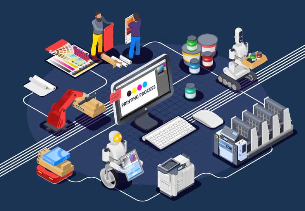 An isometric image of a factory with a computer, printer, and other equipment for print on demand journals.