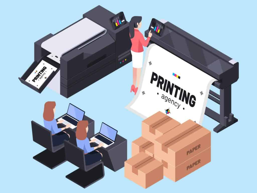 Isometric illustration of an Amazon printing machine with people working on it.