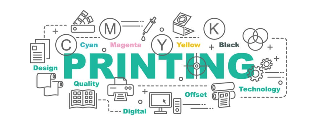 The word printing is drawn on a white background, emphasizing the concept of print on demand books.