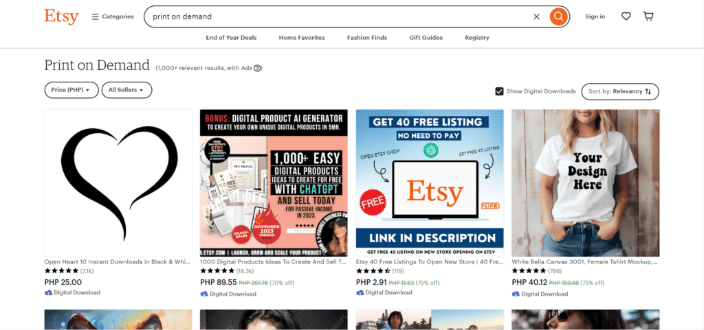A screen shot of the Etsy website showcasing various print-on-demand products.