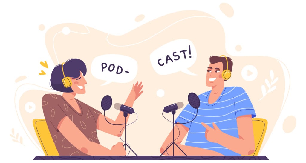 A man and a woman discussing how to start a podcasting business on a podcast.