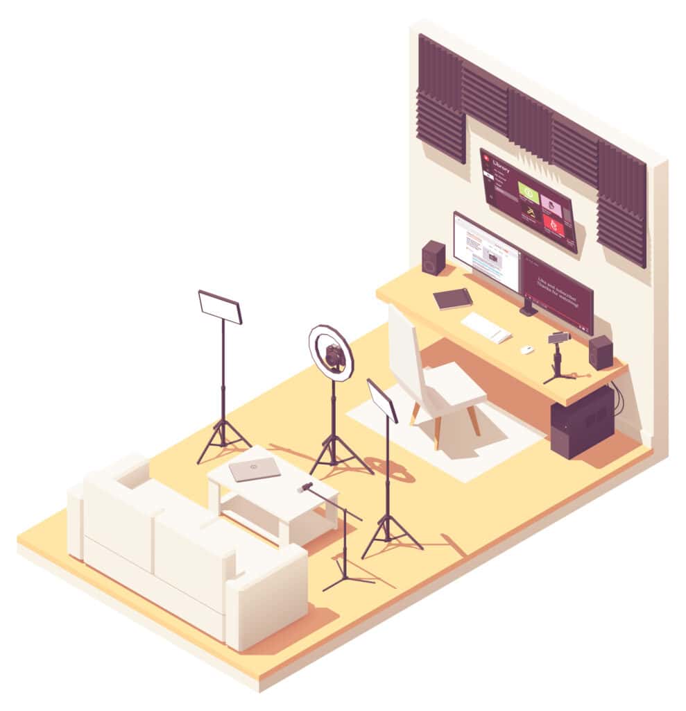 An isometric image of a podcast studio setup, featuring a desk and equipment.