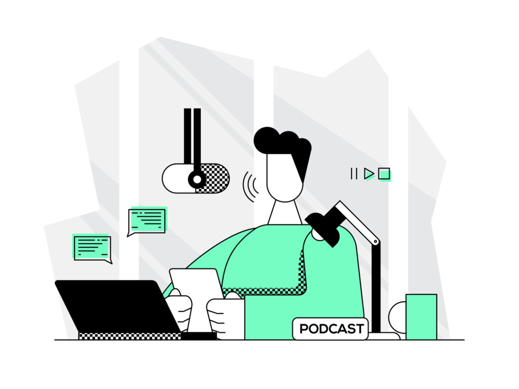 A man sitting at a desk with a laptop, microphone, and exploring how to start a podcast and make money.
