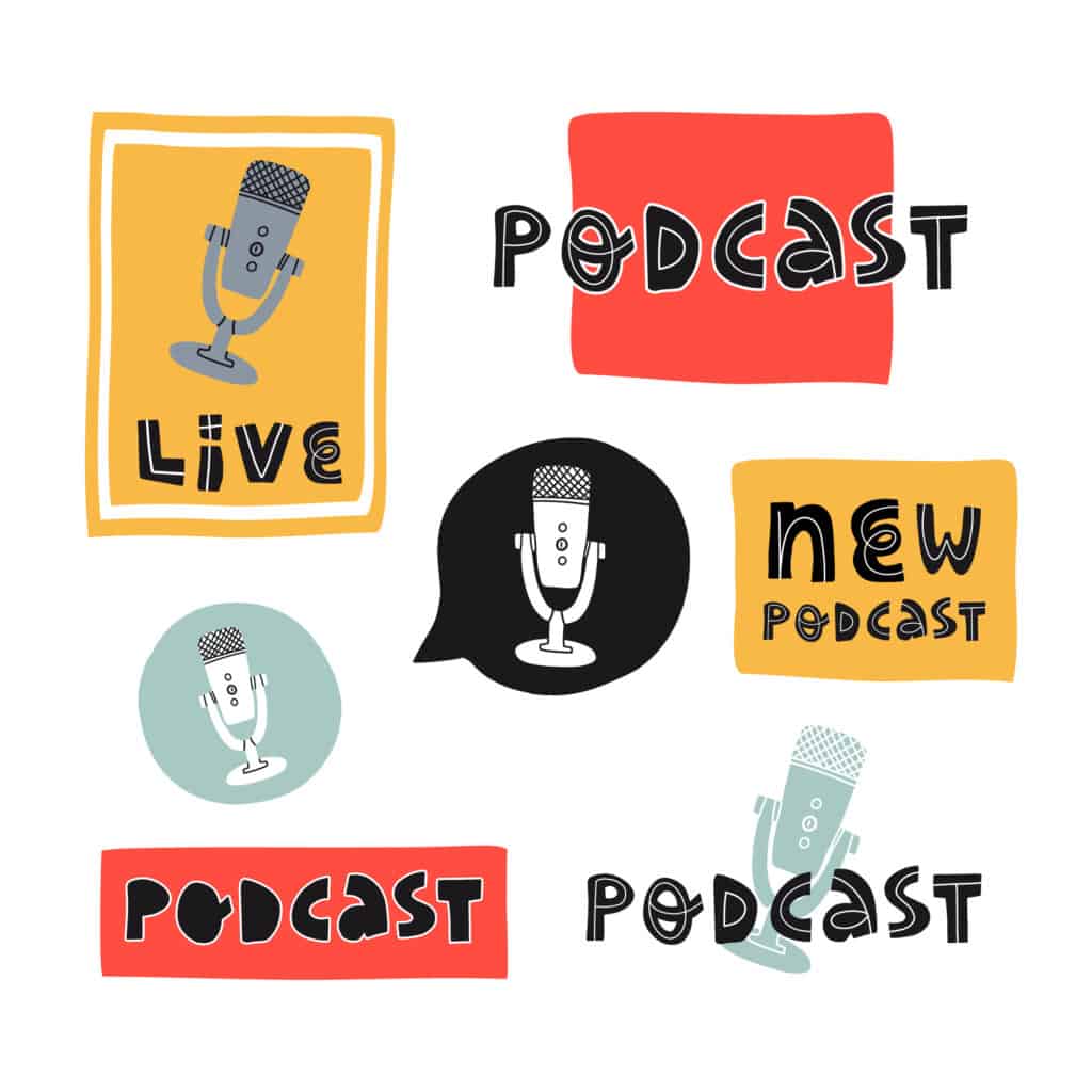 A set of podcast logos for a podcasting business on a white background.