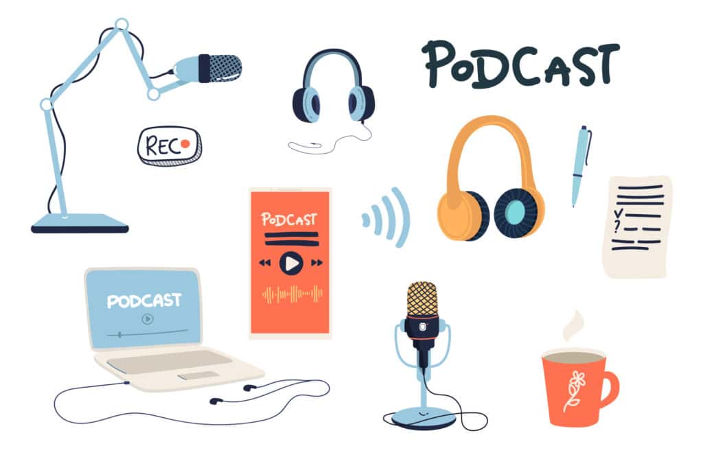 A cartoon illustration of a podcast studio setup featuring headphones and a laptop.