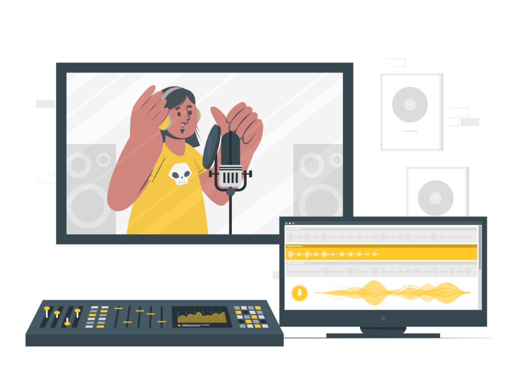 Learn how to start a podcasting business with this informative cartoon illustration featuring a man with a microphone and a computer.
