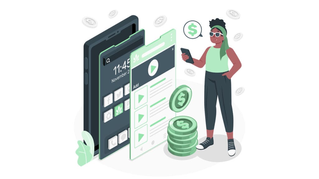 An isometric illustration of a woman holding a phone and coins, showcasing the process of starting a music podcast.
