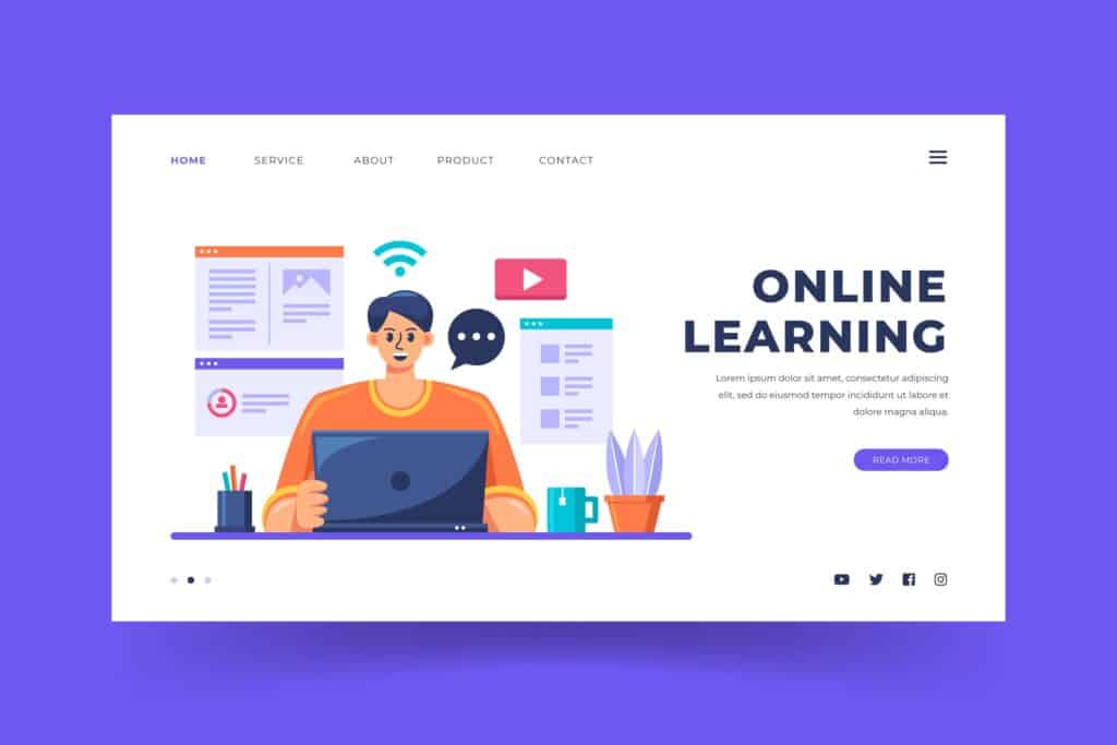 An online learning landing page with a man using a laptop to sell online courses from his own website.