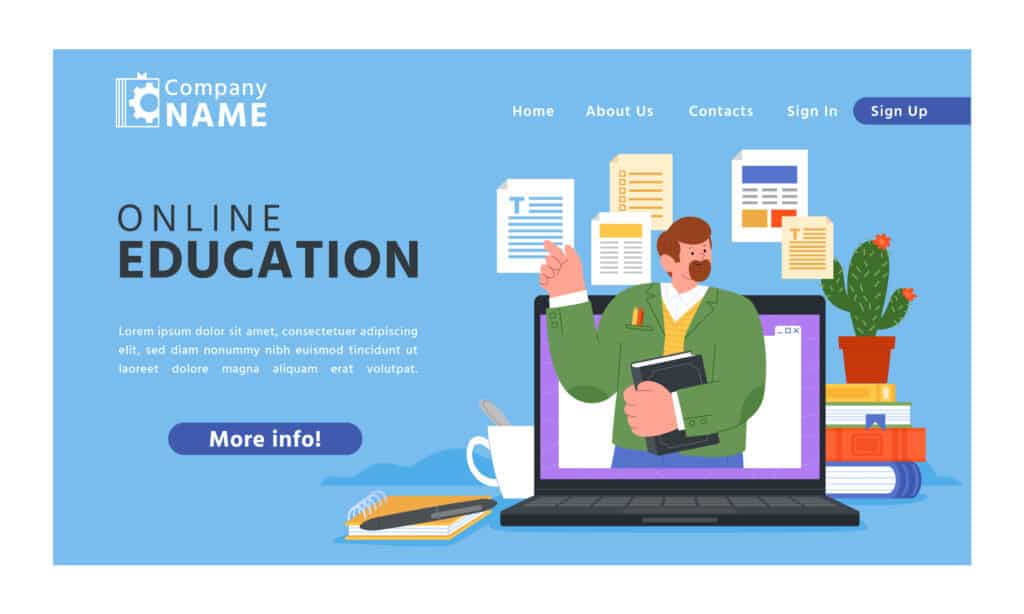 An online education landing page designed to sell online courses from your own website, featuring a man holding a laptop.