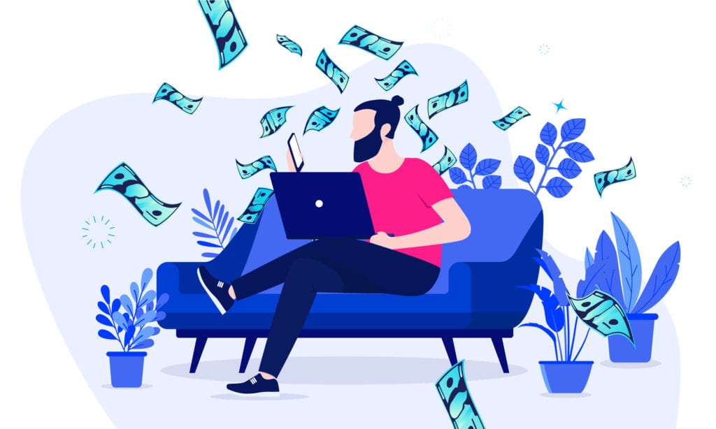 A man sitting on a couch with money flying around him is taking full advantage of the opportunity to make money from Udemy.