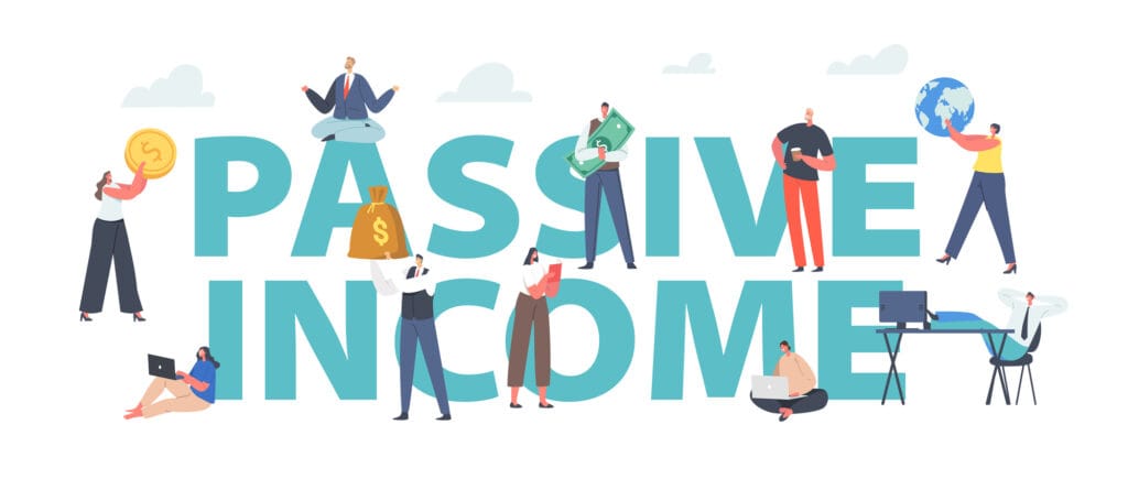 Illustration of diverse people engaging in various activities around the words "how to earn passive income online," symbolizing different ways to earn money without active involvement.