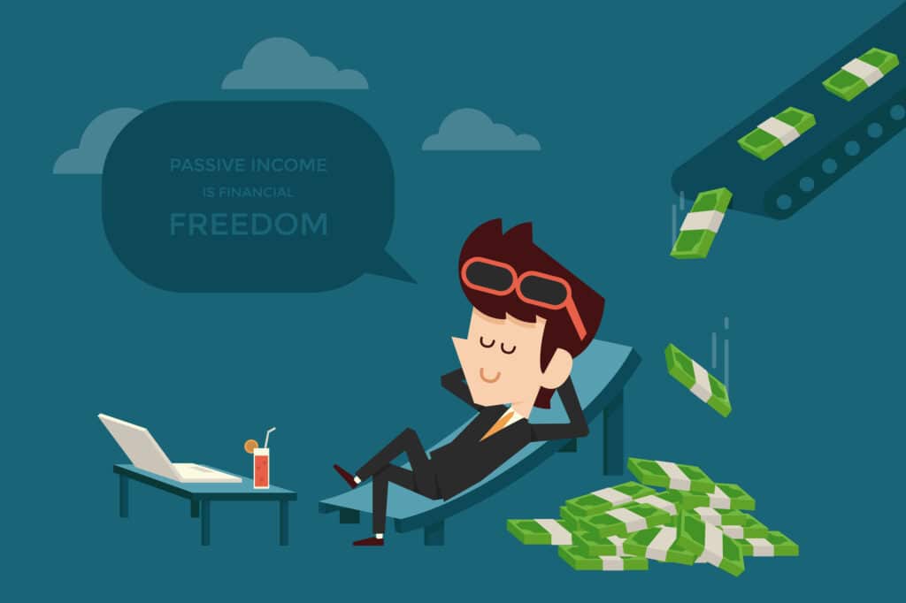 Illustration of a relaxed person in sunglasses reclining with a laptop, while money falls from the sky, symbolizing passive income businesses.