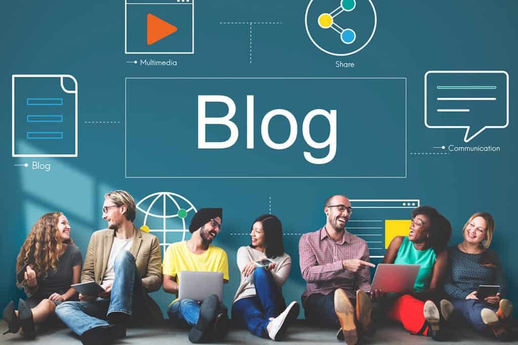 A diverse group of six people sit side by side, each with a laptop. The background displays the word "Blog" and various icons related to communication and social media, highlighting the importance of blogging for business.